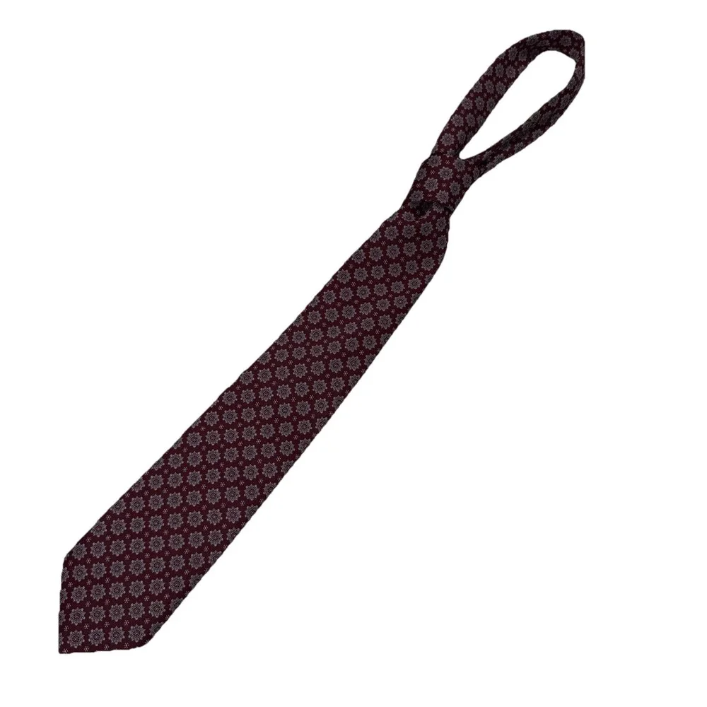 Principe Burgundy Necktie Repeating Floral Medallion Pattern Silver And Grey